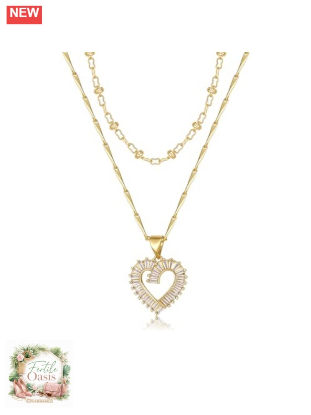 14K Gold Plated Layered Heart Necklace Set with Cubic Zirconia, Dainty